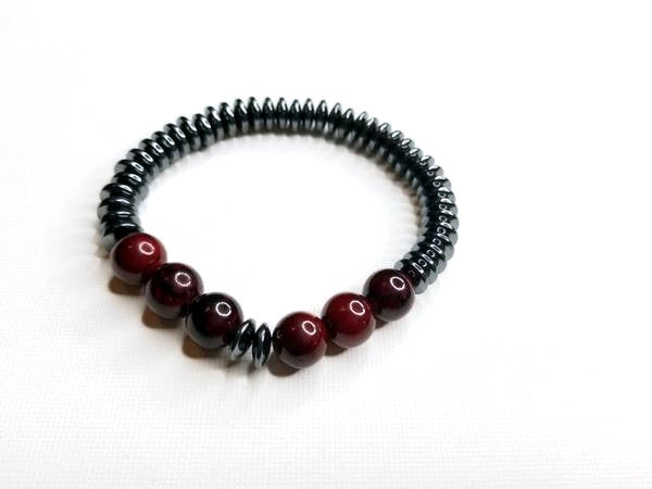 Men's Hematite Rondelle & Red Quartz Gemstone Bracelet