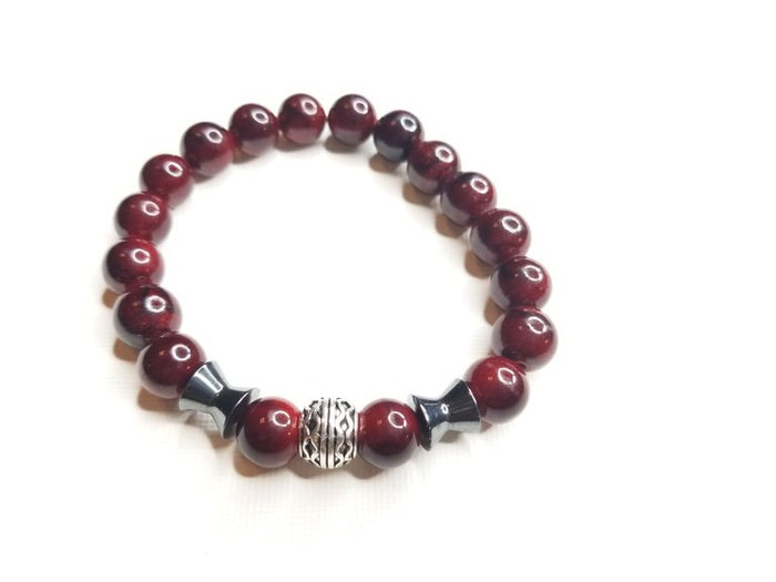 Men's Red Quartz Gemstone & Hematite Accent Bracelet
