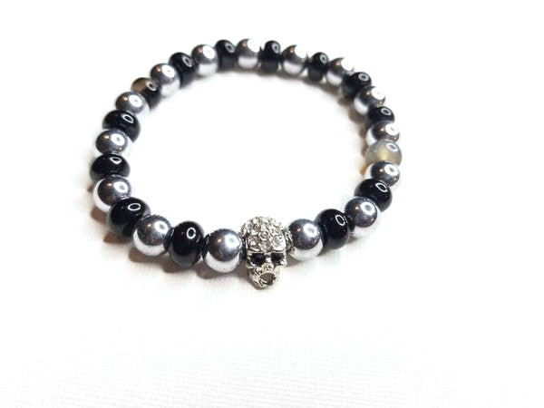 Men's Hematite & Agate Rhinestone Skull Bracelet