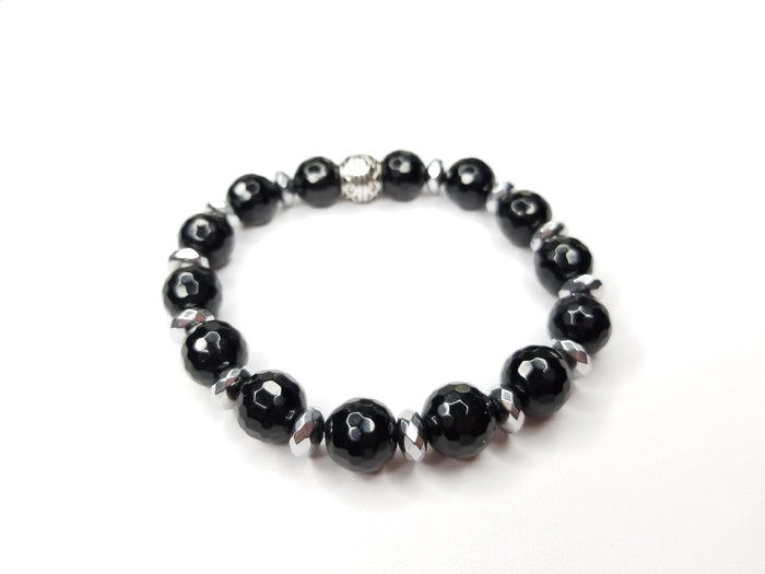 Men's Onyx & Faceted Hematite Gemstone Bracelet