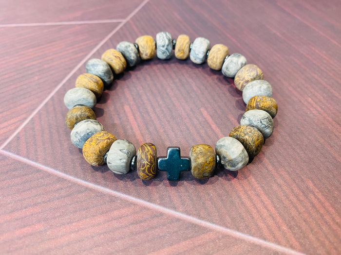 Men's Dyed Stone/Hematite Cross Bracelet