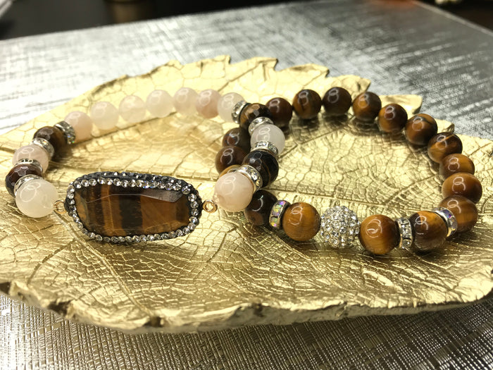 Tiger Eye Gemstone 2 Piece Pendant Bracelet Set