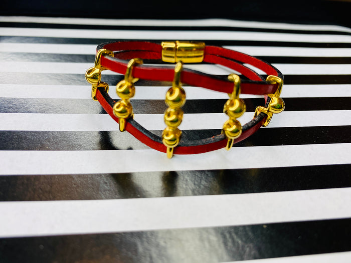Red Dotted Multi Strand Leather Bracelet