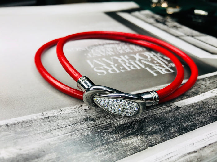 Red Leather & Rhinestone Wrap Clasp Bracelet