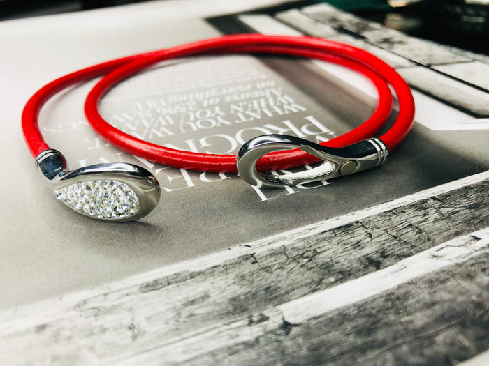 Red Leather & Rhinestone Wrap Clasp Bracelet