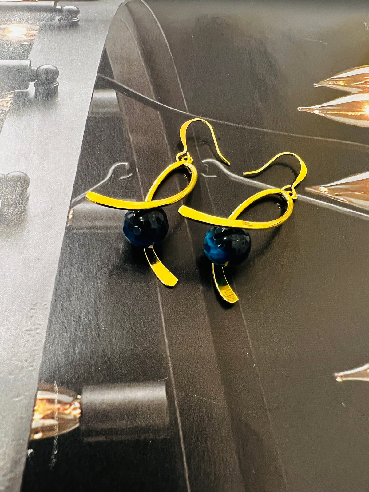 Genuine Turquoise Tiger Eye Gemstone Gold Ribbon Earrings