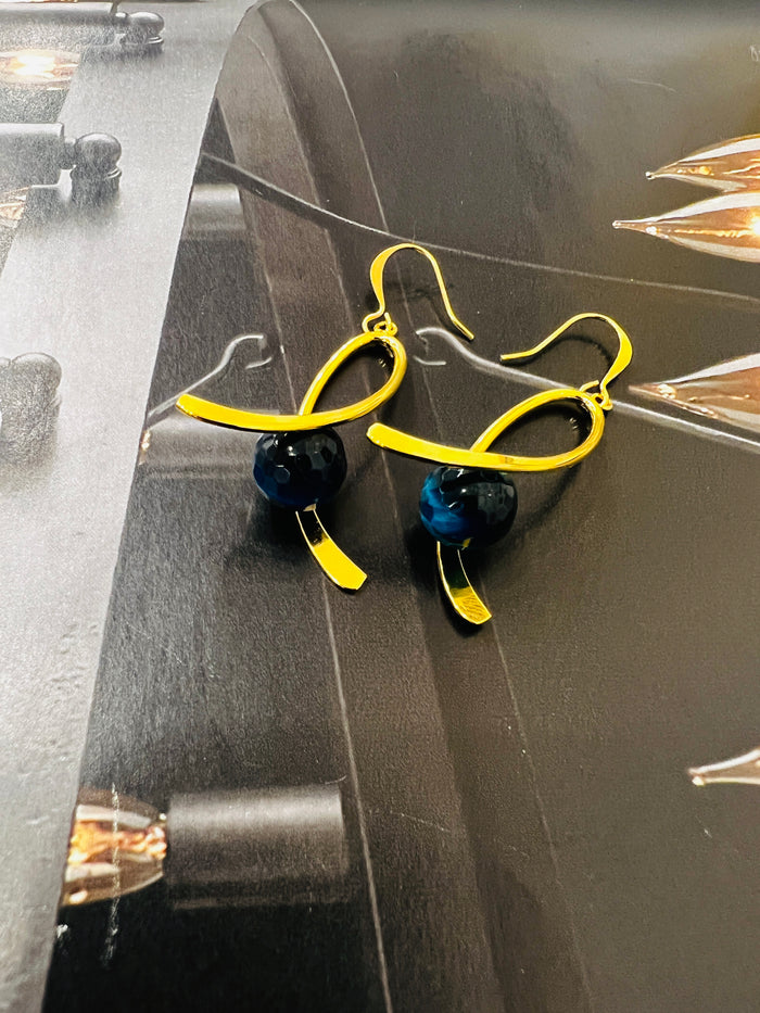 Genuine Turquoise Tiger Eye Gemstone Gold Ribbon Earrings