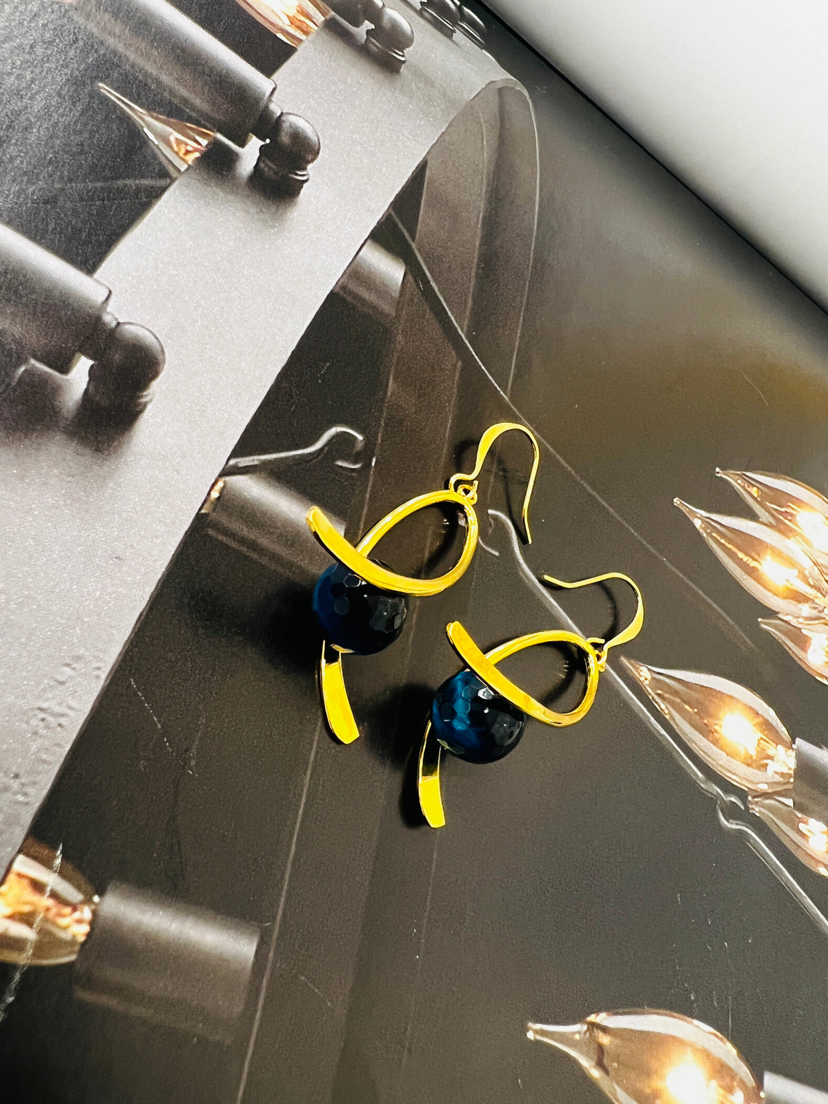 Genuine Turquoise Tiger Eye Gemstone Gold Ribbon Earrings