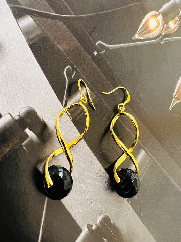 Genuine Onyx Gemstone Gold Twist Earrings