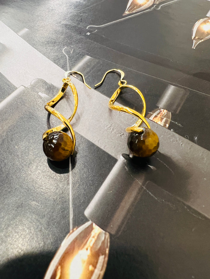 Genuine Tiger Eye Gemstone Gold Twist Earrings