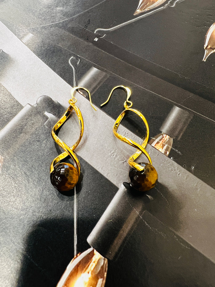Genuine Tiger Eye Gemstone Gold Twist Earrings