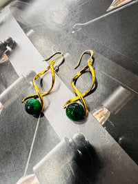 Genuine Green Tiger Eye Gemstone Gold Twist Earrings