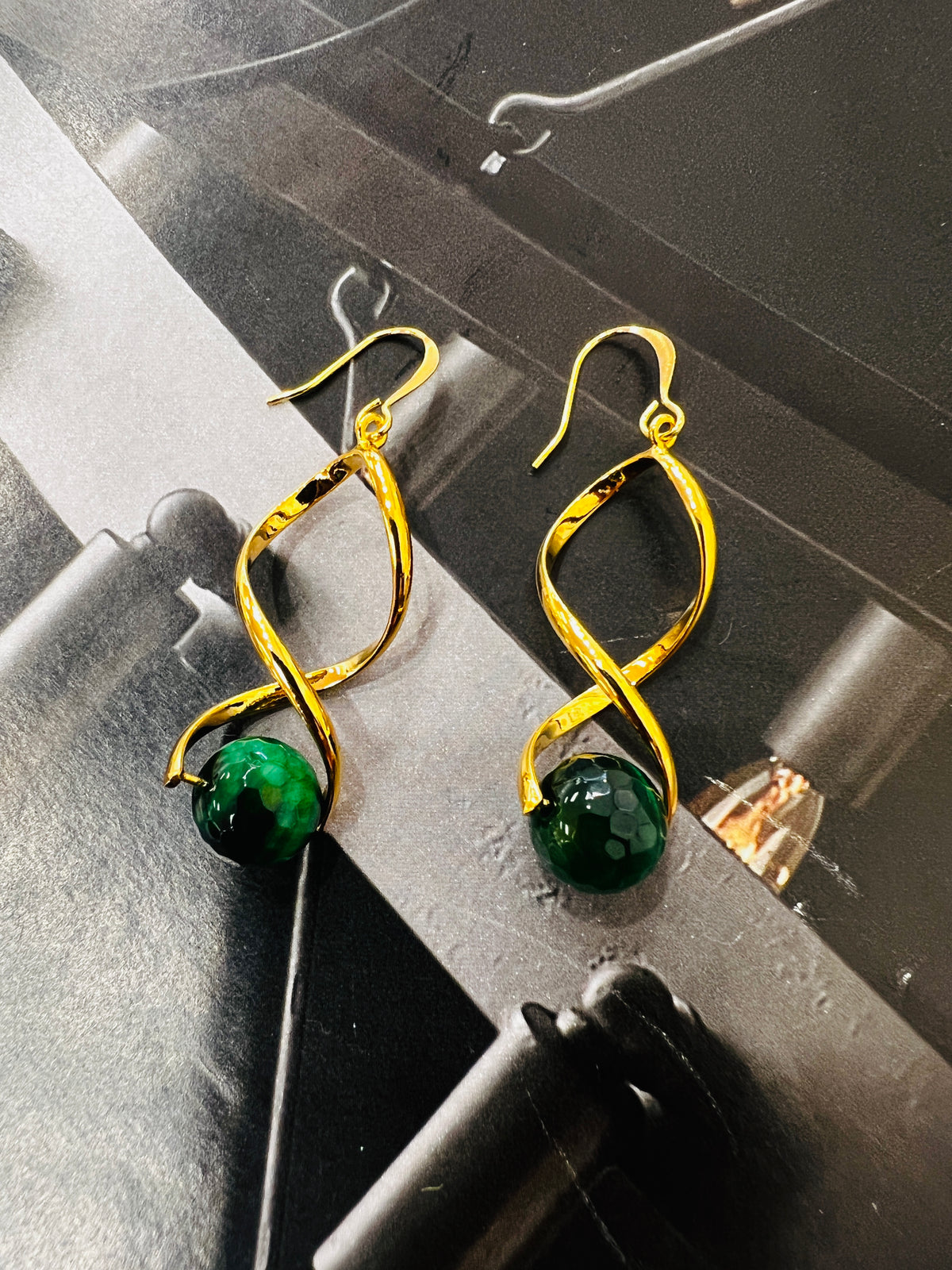 Genuine Green Tiger Eye Gemstone Gold Twist Earrings