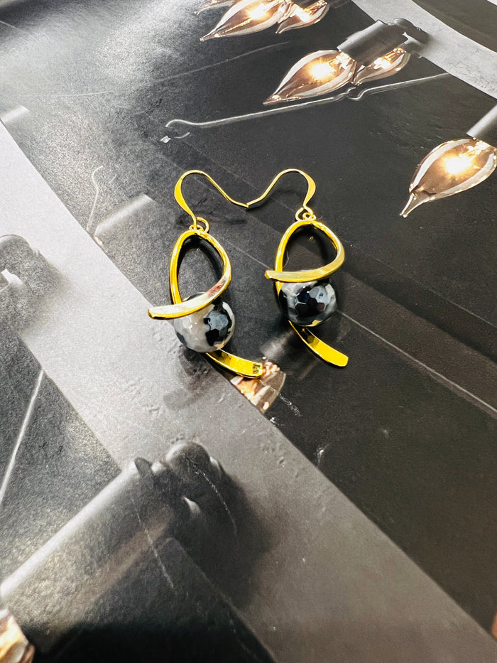 Genuine Speckled Agate Gemstone Gold Ribbon Earrings
