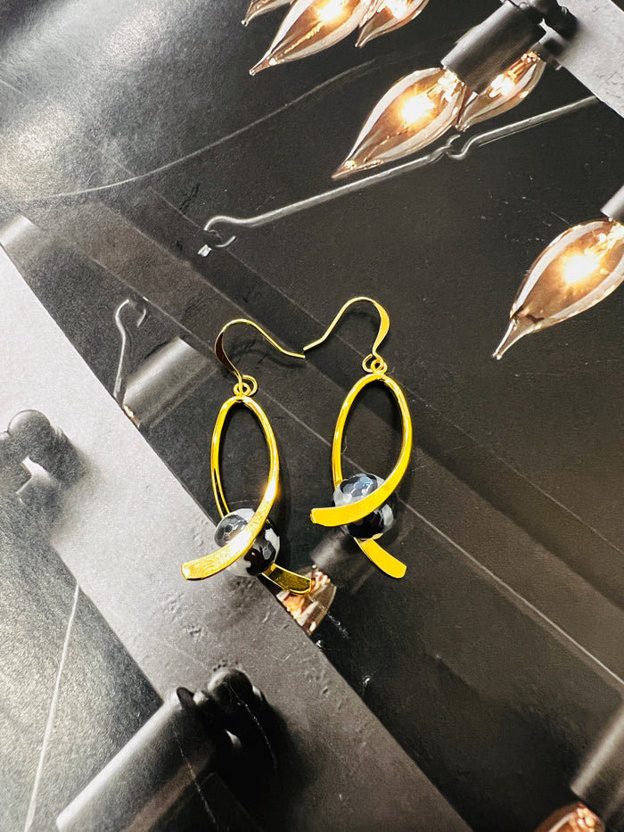 Genuine Speckled Agate Gemstone Gold Ribbon Earrings