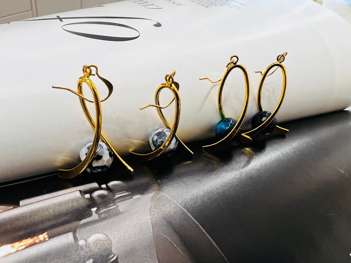 Genuine Turquoise Tiger Eye Gemstone Gold Ribbon Earrings