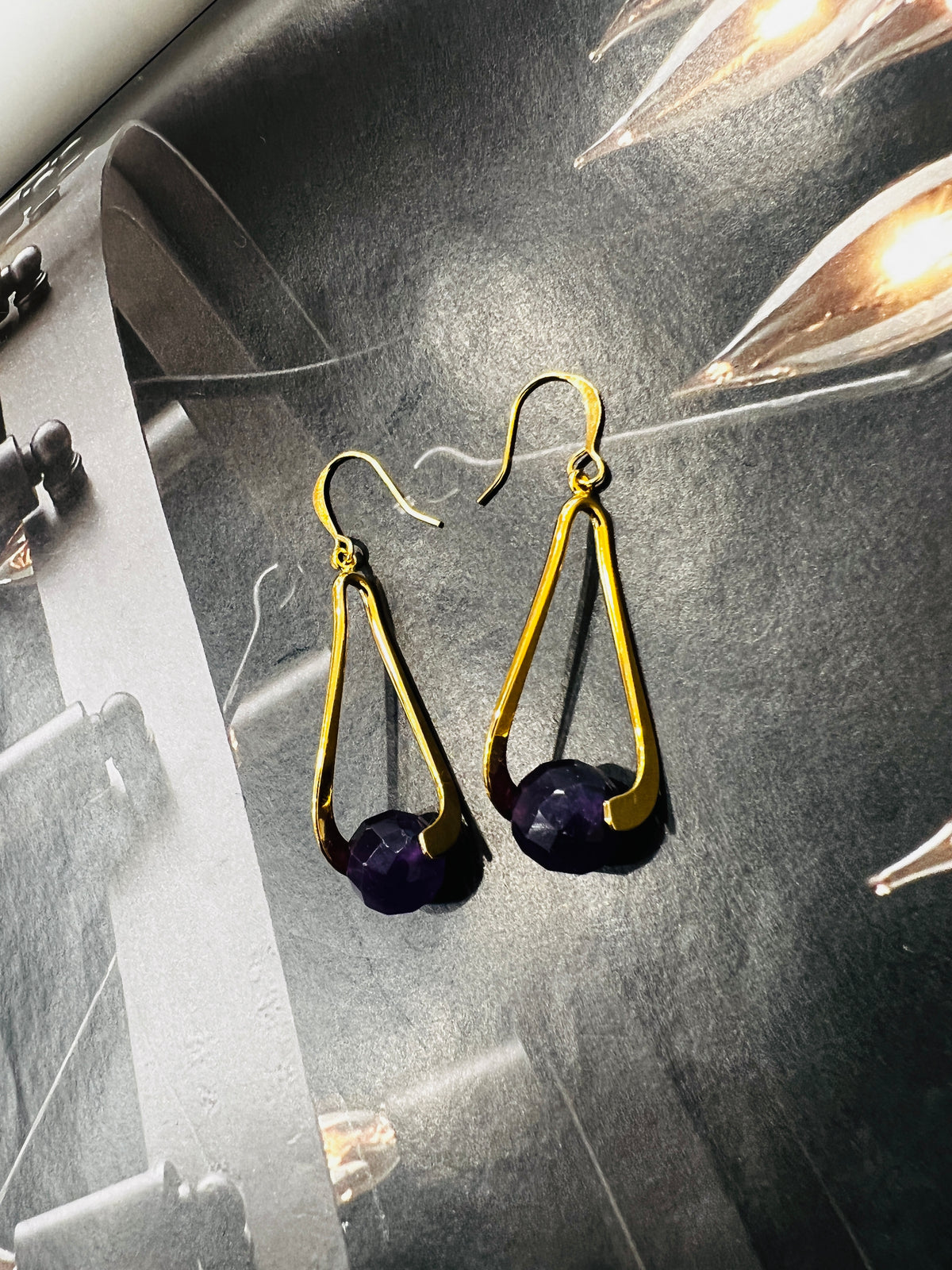 Genuine Amethyst  Gemstone Gold Drop Earrings