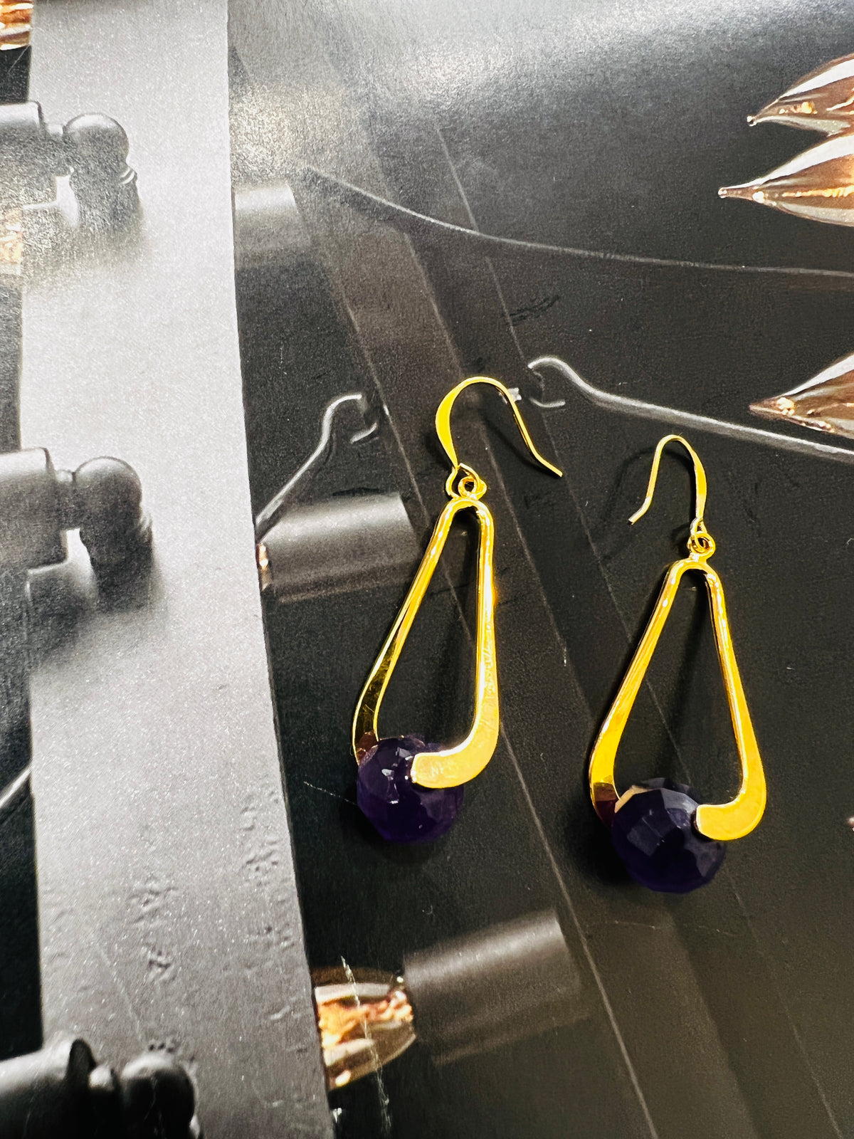 Genuine Amethyst  Gemstone Gold Drop Earrings