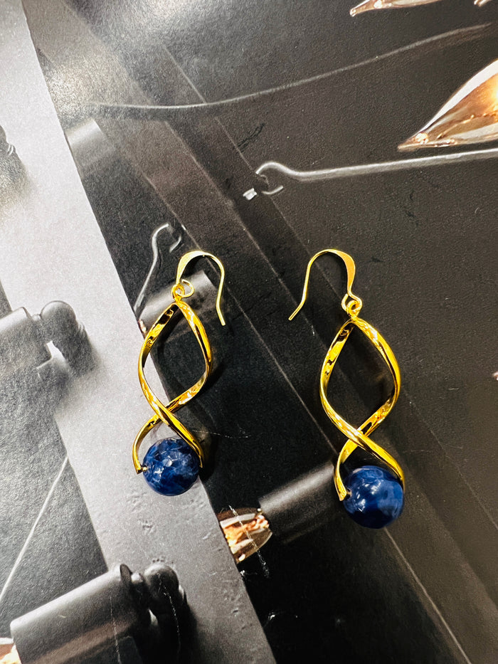 Genuine Sodalite Gemstone Gold Twist Earrings