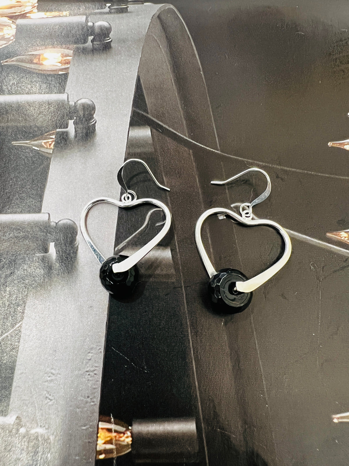 Genuine Onyx Gemstone Silver Heart Earrings