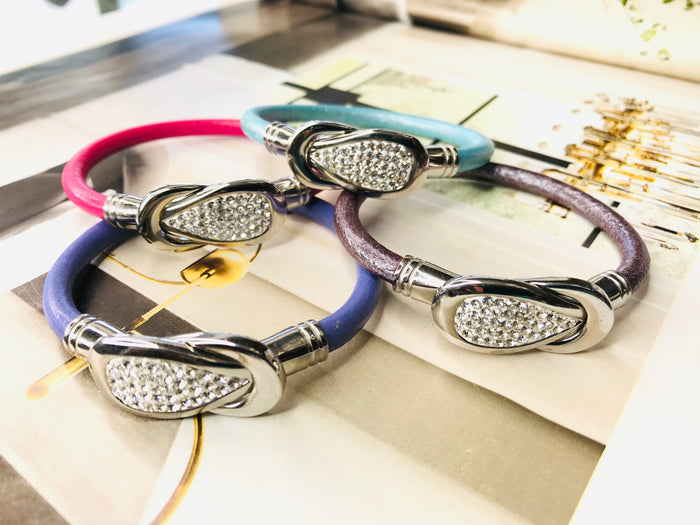 Round Leather & Rhinestone Clasp Bracelet