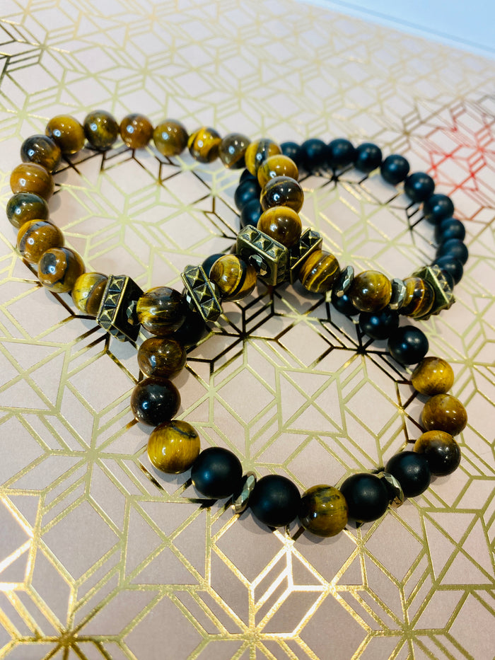 Men's Tiger Eye & Hematite Gemstone Mixed Bracelet