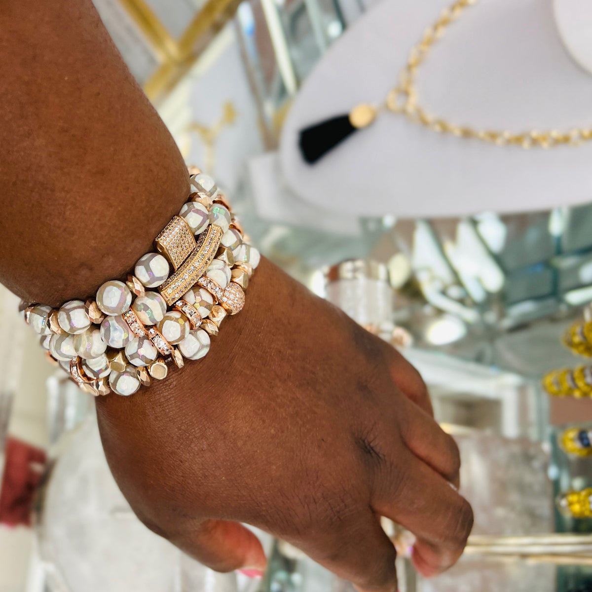 White Glazed  Striped Agate & Rose Gold Hematite Luxury Lifestyle Bracelet