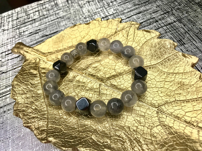 Men's Gray Agate & Hematite Gemstone Bracelet