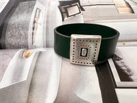 Hunter Green Belt Buckle Silver Leather Bracelet