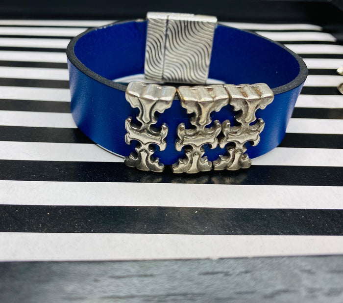 Electric Blue "3 T" Silver Leather Bracelet