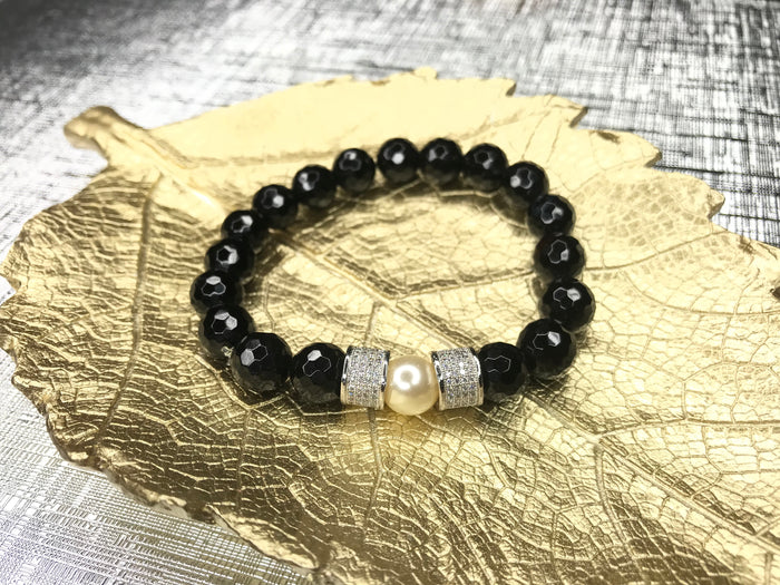 Men's Pearl & Onyx Gemstone Bracelet
