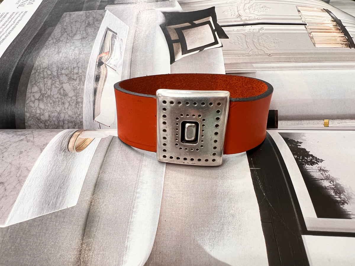 Orange Belt Buckle Silver Leather Bracelet