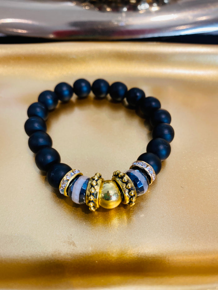 Black Matted & Plated Striped Agate Accent Luxury Lifestyle Bracelet