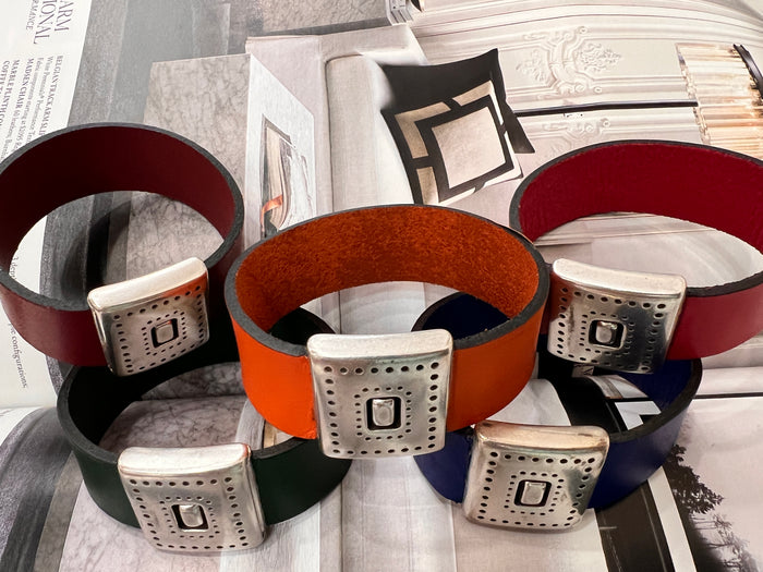 Orange Belt Buckle Silver Leather Bracelet