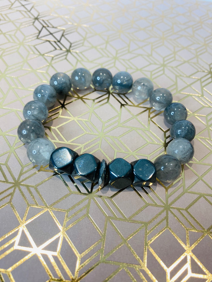 Men's Grey Jade  & Hematite Centered Gemstone Bracelet