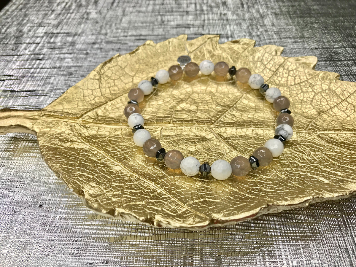 Men’s White Faceted Howlite & Jade Gemstone Bracelet