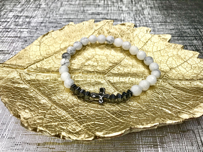 Men’s White Faceted Howlite Cross Gemstone Bracelet