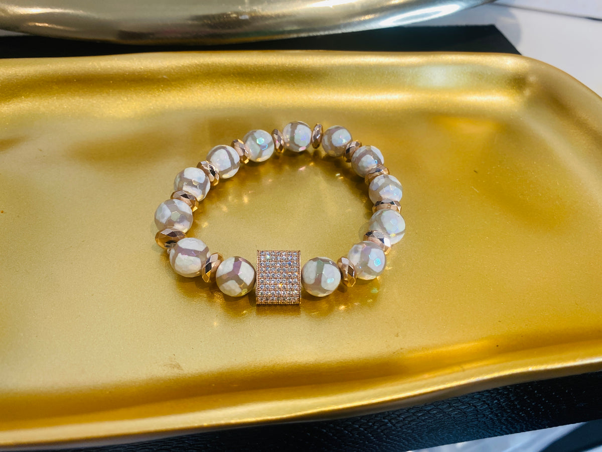 White Glazed Striped Agate & Rose Gold Hematite Square Luxury Lifestyle Bracelet