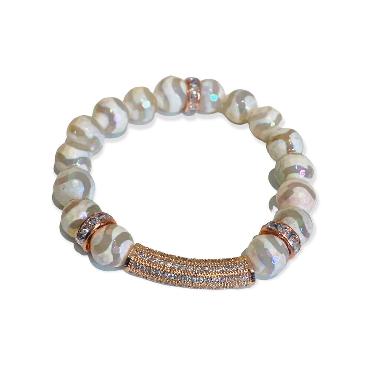 White Glazed  Striped Agate & Rose Gold Hematite Luxury Lifestyle Bracelet