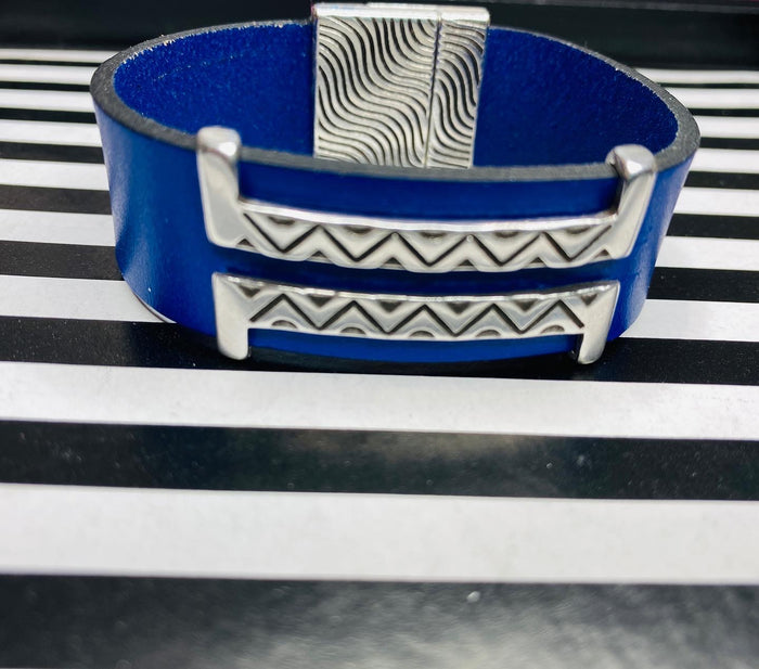 Electric Blue Double Silver Leather Bracelet