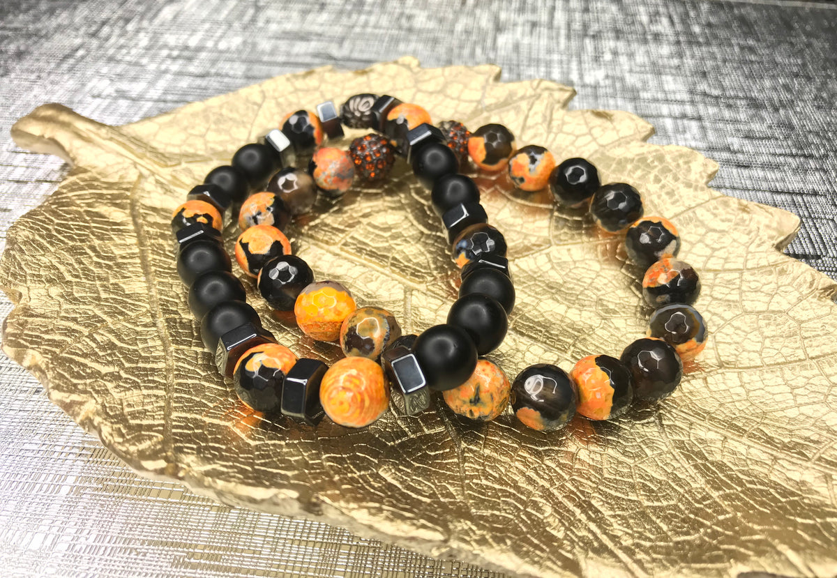 Men's Orange Fire Agate Gemstone 2 Piece Bracelet