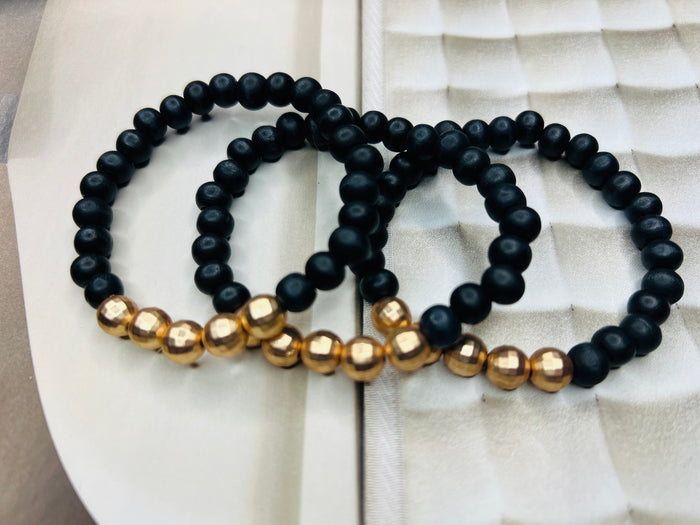 Black/Gold  Wood Beaded  Bracelet