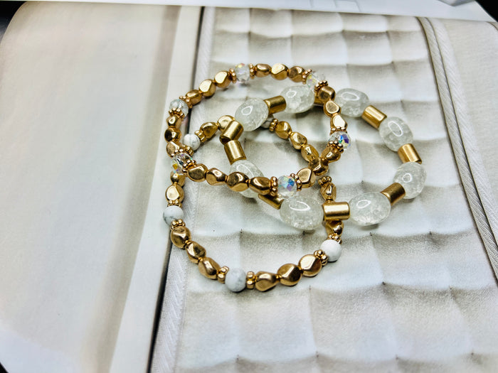 White/Gold Accented  3pc Beaded Bracelet Set
