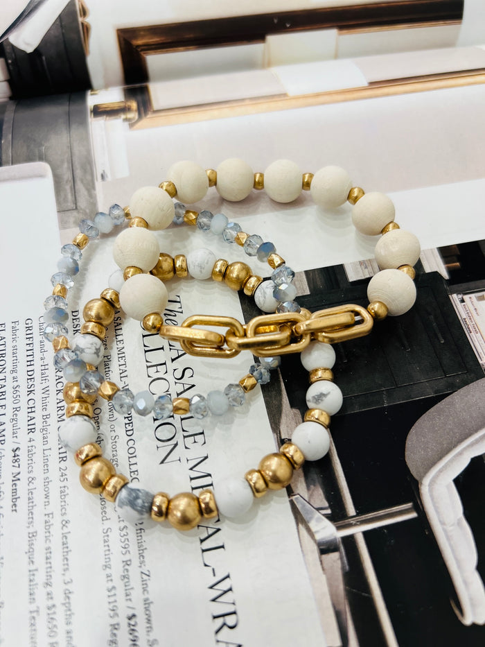 White/Gold Link 3pc Beaded Bracelet Set
