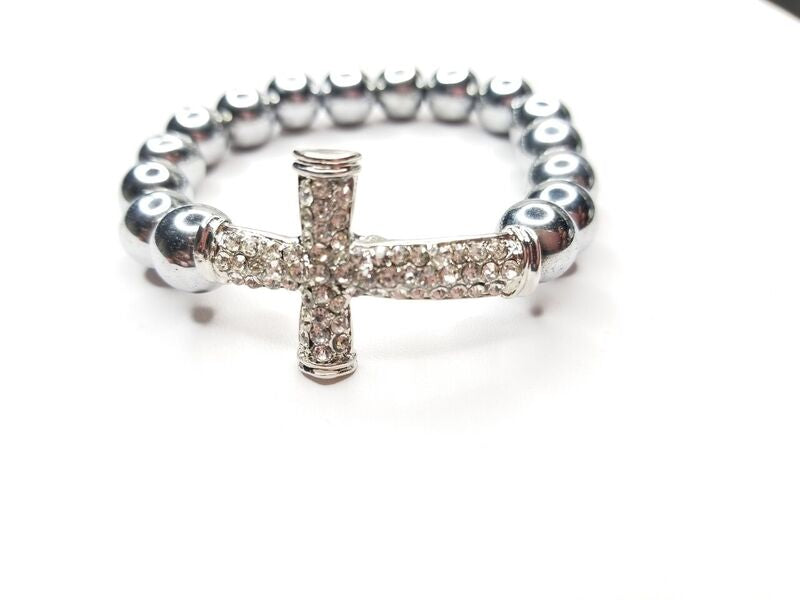 Silver Hematite Rhinestone Cross Bracelet