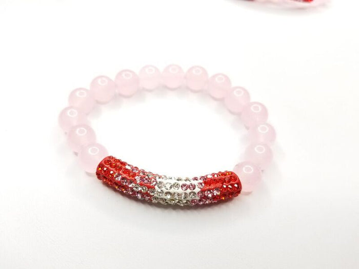 Rose Quartz Gemstone & Rhinestone Tube Bracelet