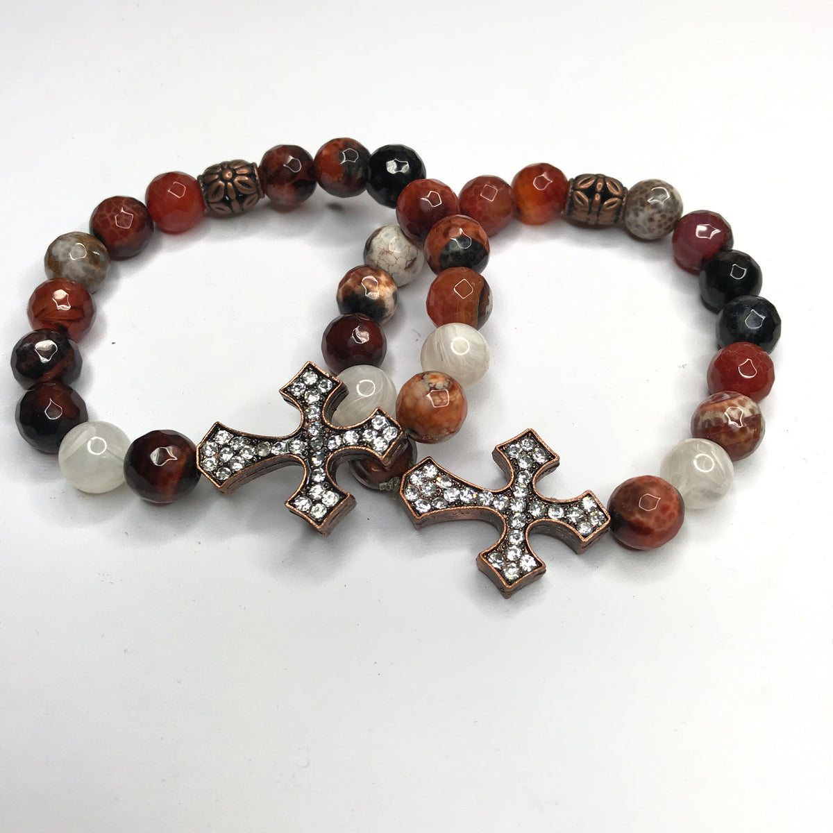 Red Amber Gemstone & Rhinestone Cross Bracelet