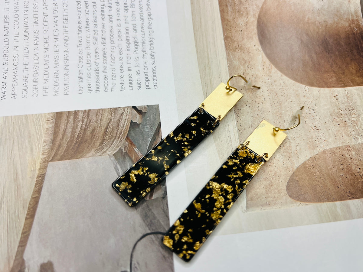 Black Acrylic & Gold Flake Earrings