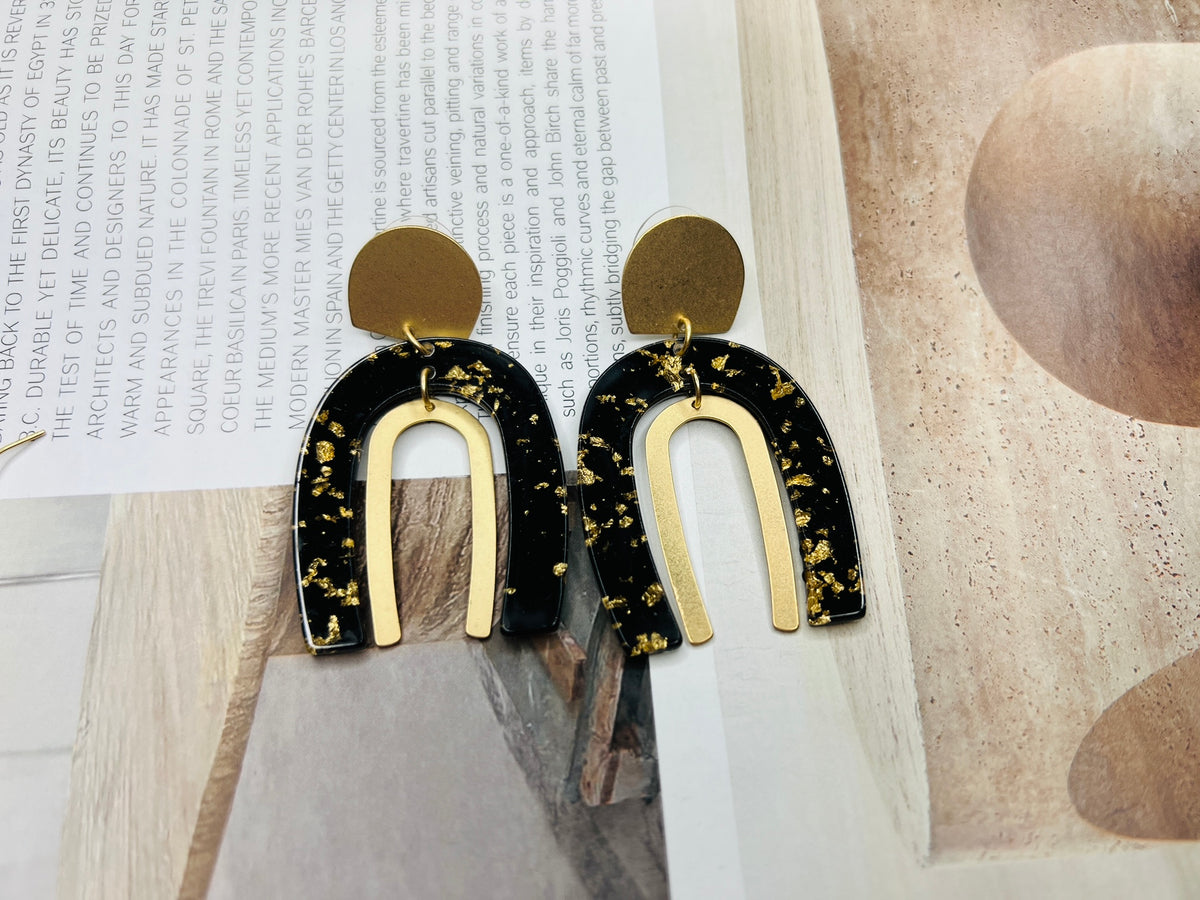 Black Acrylic & Gold Flake Earrings