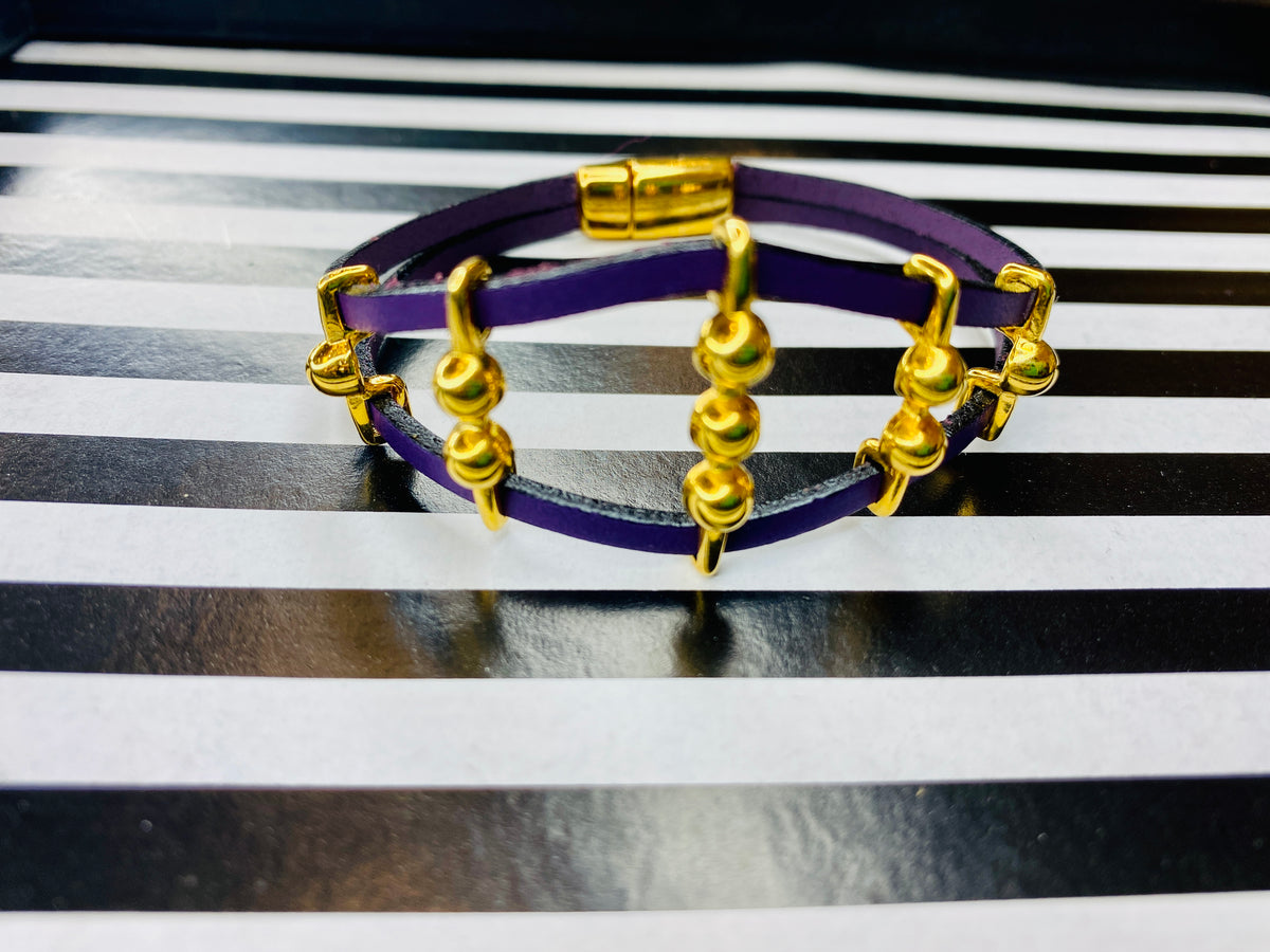 Deep Purple Dotted Multi Strand Leather Bracelet